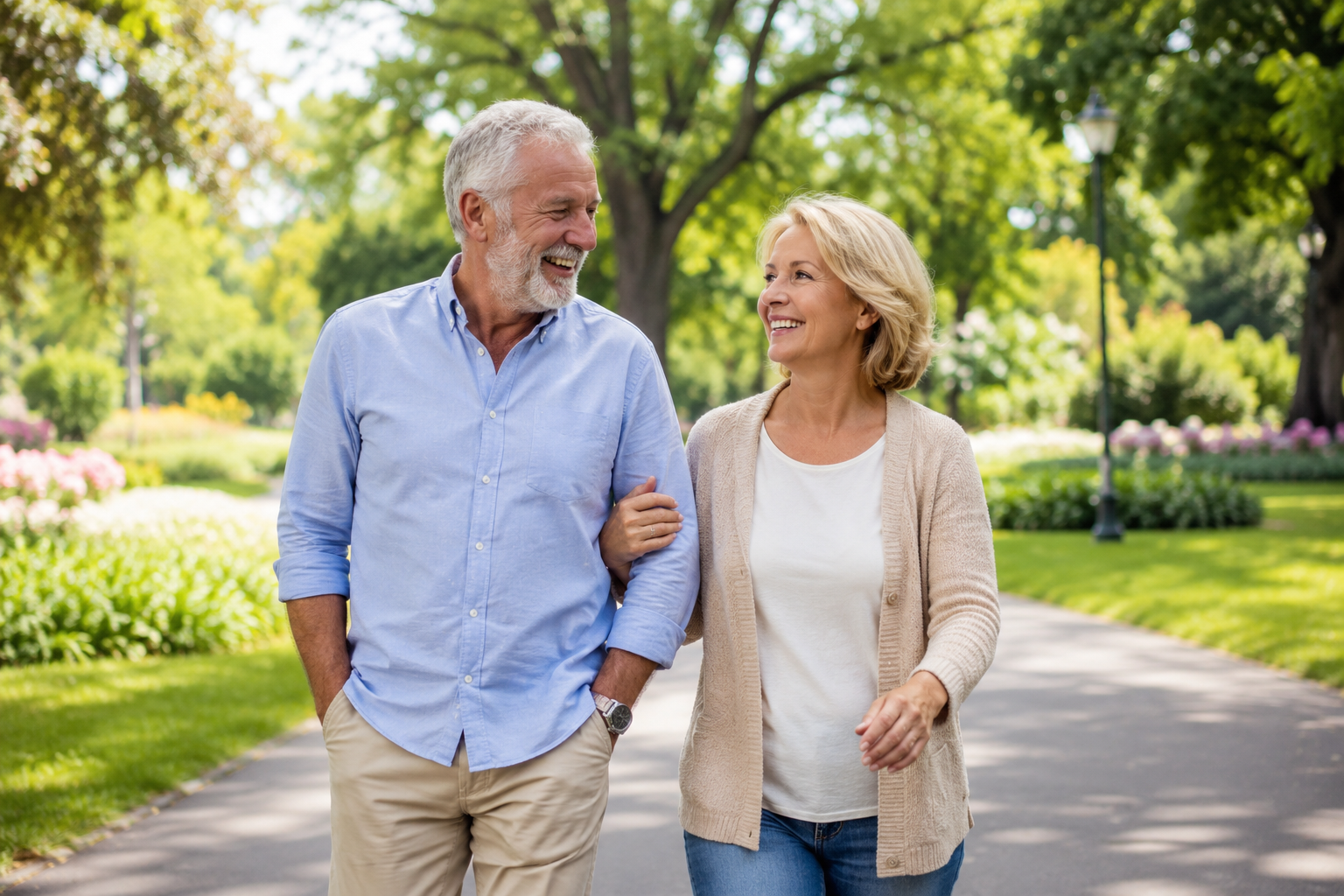 Happy mature couple in their 60s walking together and smiling in a green park