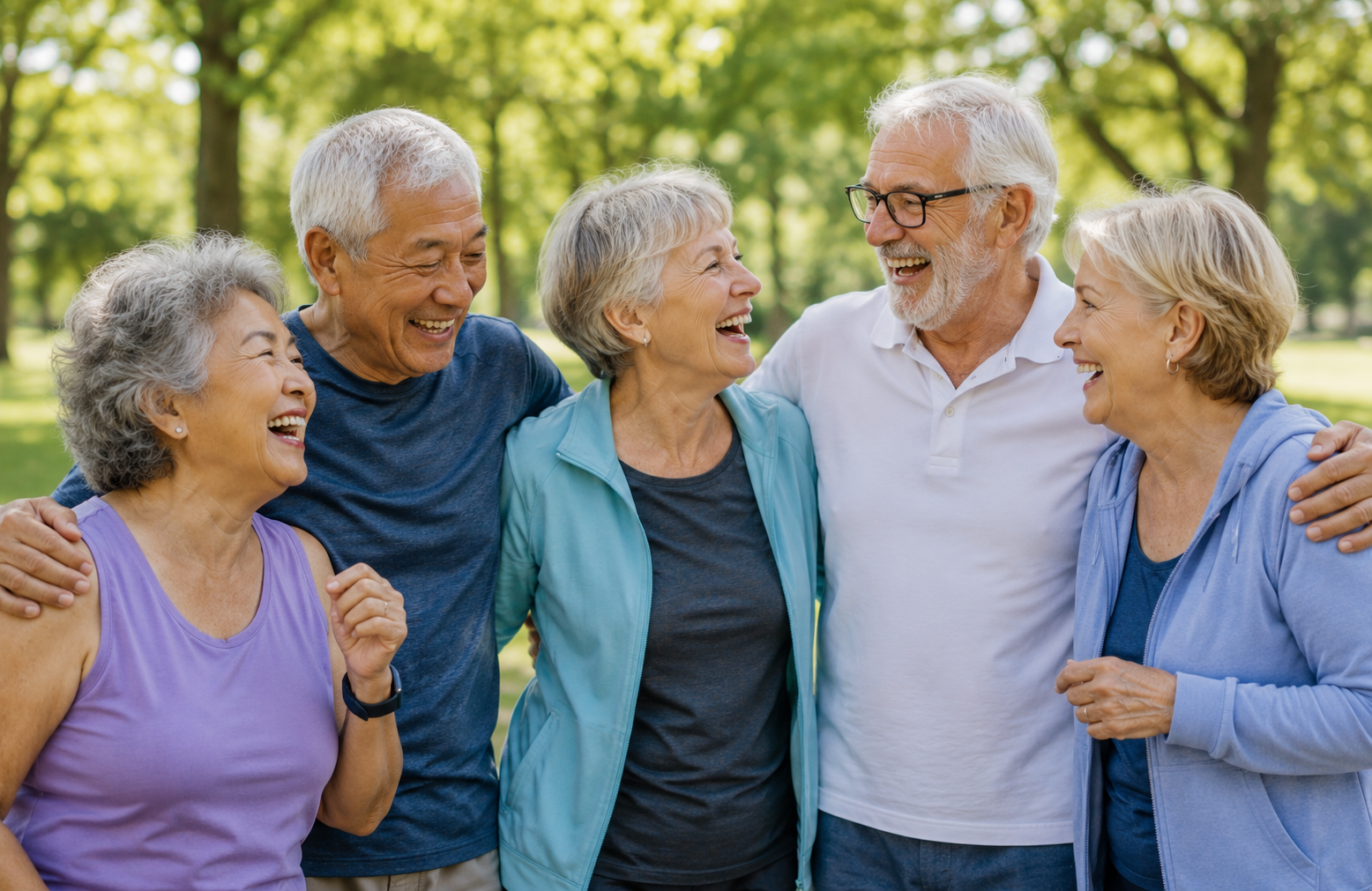 Mature adults laughing and enjoying time together outdoors