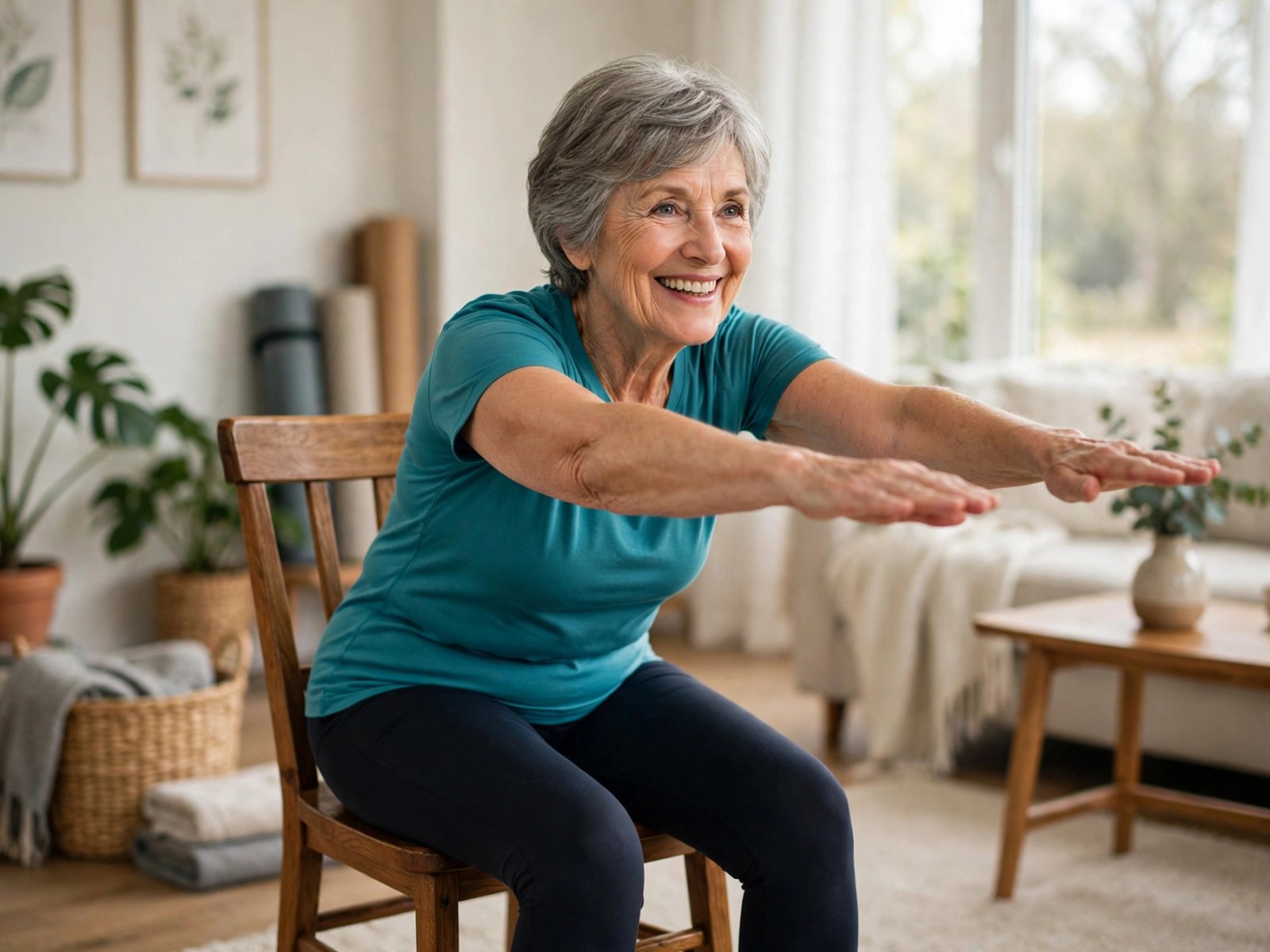 Senior woman doing chair sit to stand exercise