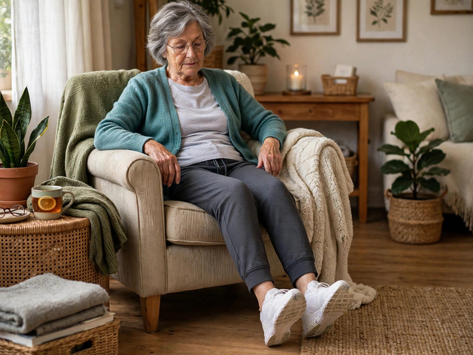 Senior woman doing seated heel raises ankle exercise