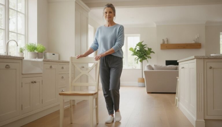 Woman in her late 60s practicing a supported tandem stance beside a sturdy chair in a bright kitchen