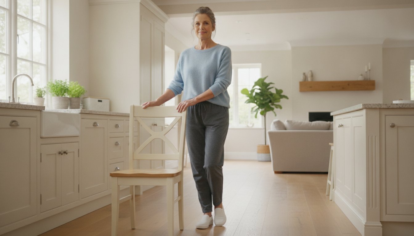 Woman in her late 60s practicing a supported tandem stance beside a sturdy chair in a bright kitchen