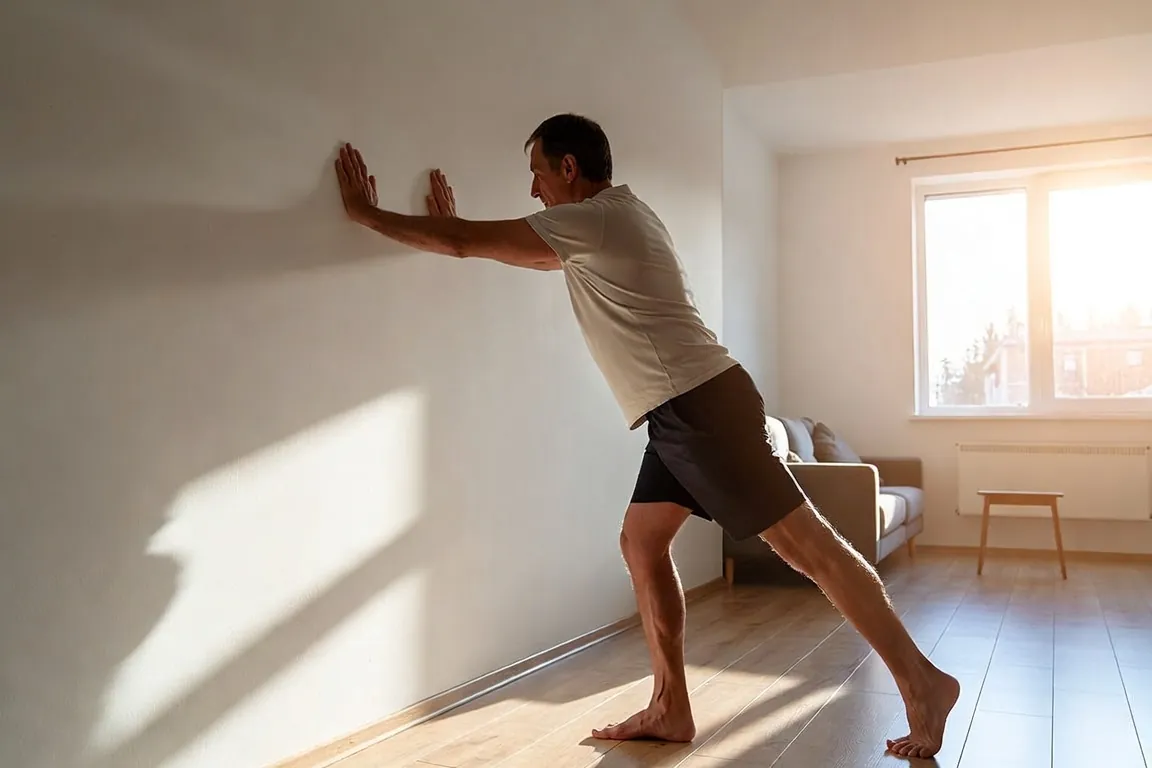 Calf stretch against a wall before bed to help prevent nighttime leg cramps