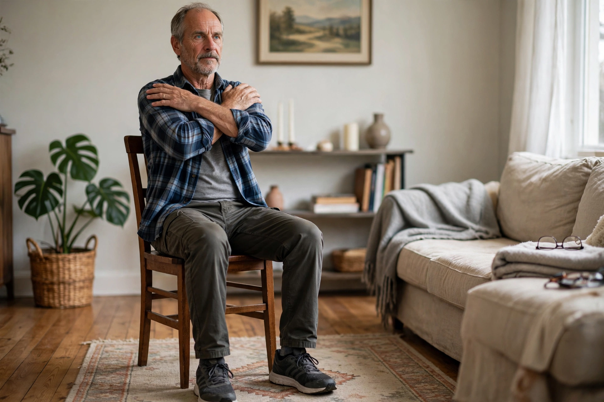 Older man seated on a chair with arms crossed, ready for the 30-second chair stand test