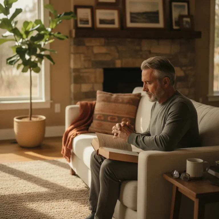 Man in his 50s reading on a sofa at home, thinking about creatine for muscle and memory after 50