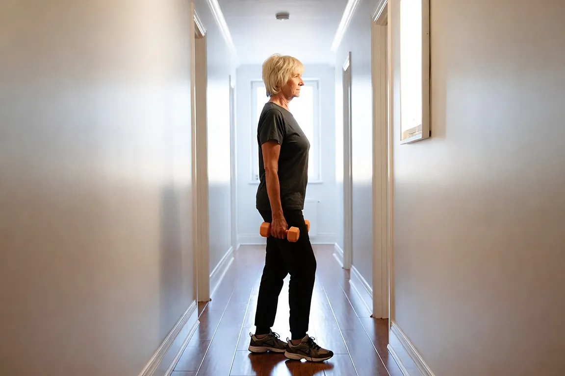 Older woman standing tall in a clear hallway holding light dumbbells at her sides for a farmer carry