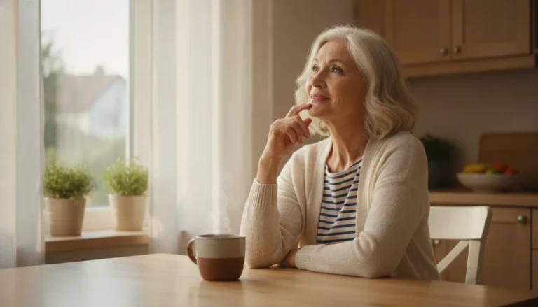 Thoughtful woman over 60 pausing mid-conversation at a kitchen table, illustrating forgetting words after 60