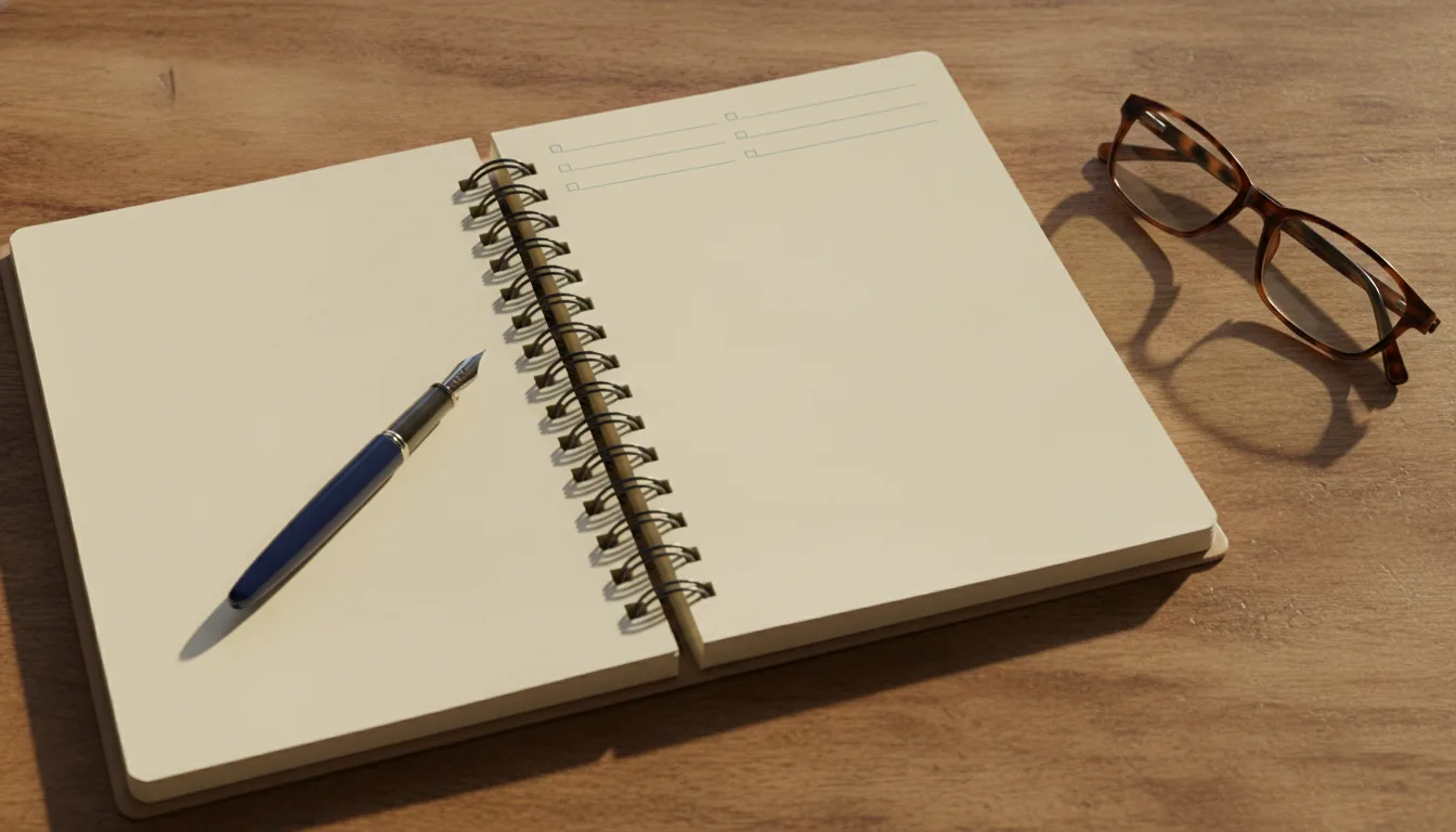 Open notebook and reading glasses for a simple word-lapse journal after 60
