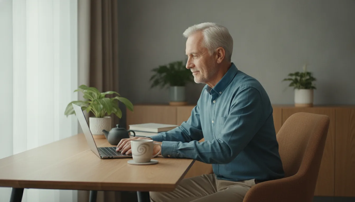 Man over 60 using a laptop at home for simple memory tools and habits
