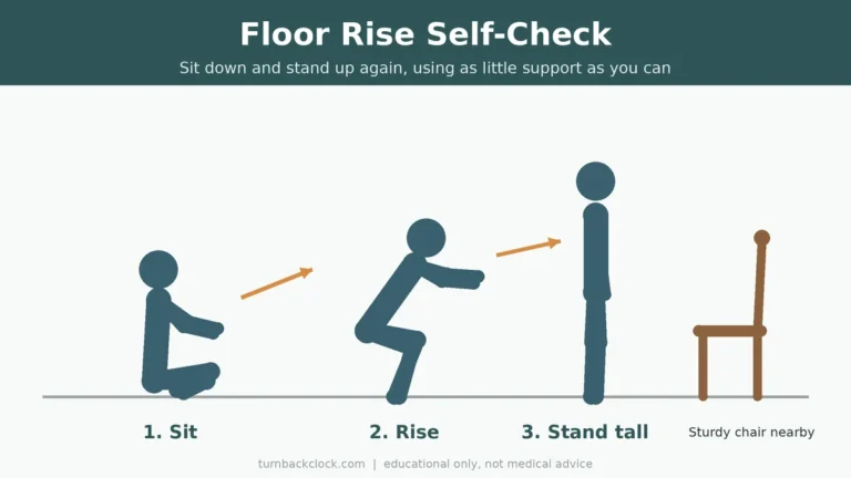 Simple diagram of how to get up off the floor after 60: sit on the floor, rise with crossed legs, stand tall next to a sturdy chair