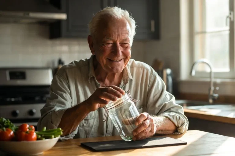 Smiling man in his 70s opening a glass jar at the kitchen table, building grip strength after 70