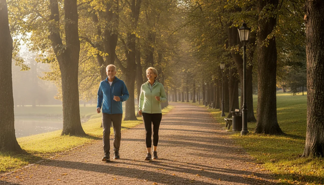 Two adults in their 60s walking together on a tree-lined park path in soft morning light