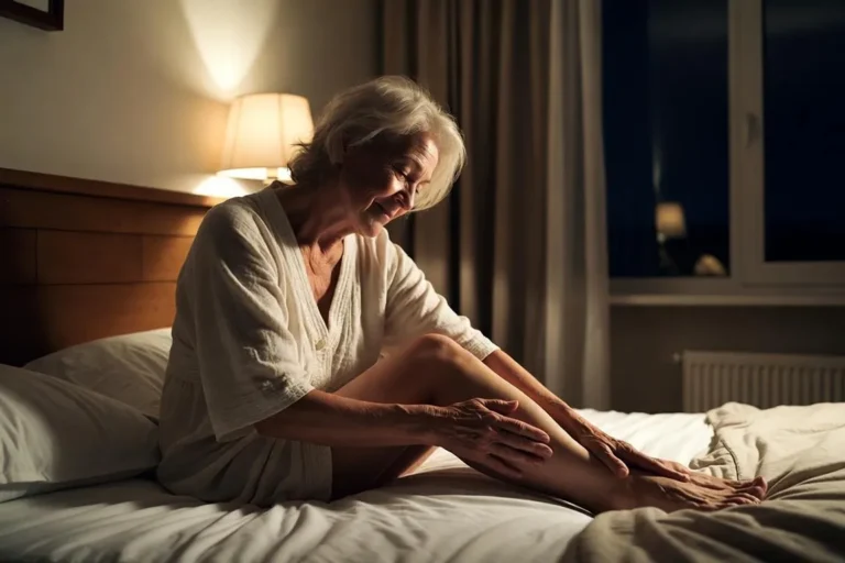 Older woman sitting up in bed at night rubbing her calf, easing night leg cramps after 60