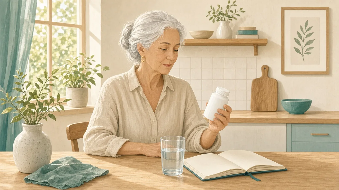 Adult over 50 thoughtfully reviewing a plain unlabeled supplement bottle at a sunny kitchen table