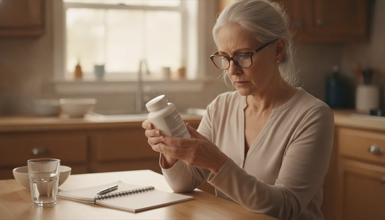 Adult woman over 60 with reading glasses carefully checking the label of a plain supplement bottle, with a notepad and glass of water