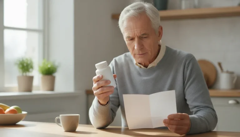 Silver-haired adult over 50 reading a clinic leaflet while holding a plain unlabeled supplement bottle at a kitchen table