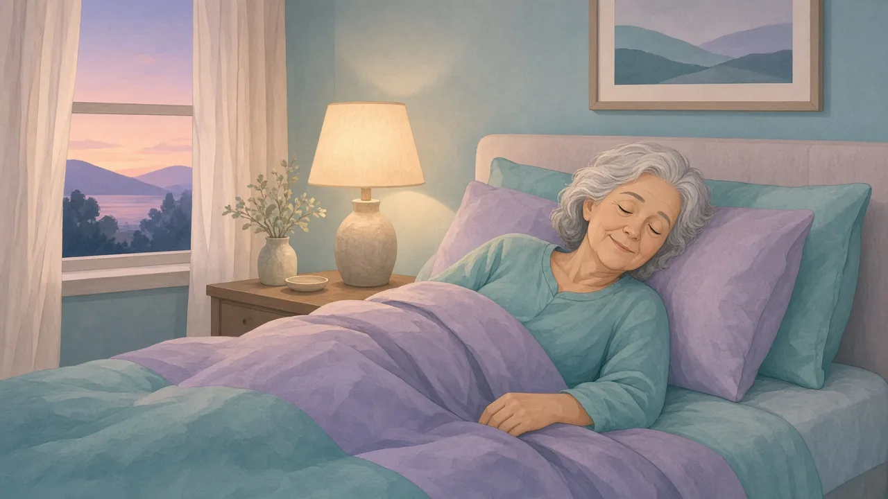 Adult over 50 resting peacefully in bed in soft evening light
