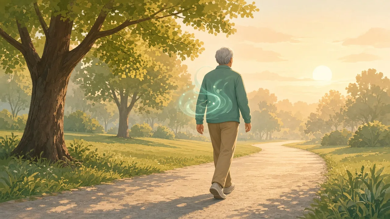Adult over 50 walking at an easy pace on a sunny park path