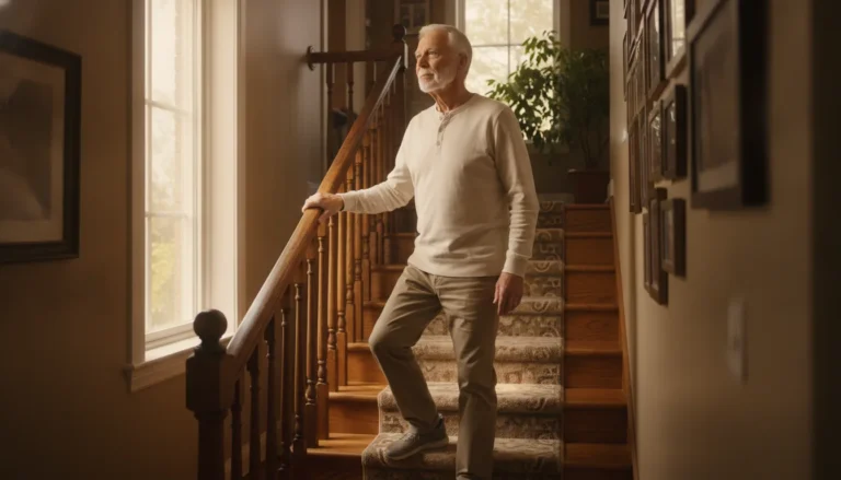 Man over 70 using a handrail on home stairs, illustrating stairs getting harder after 70