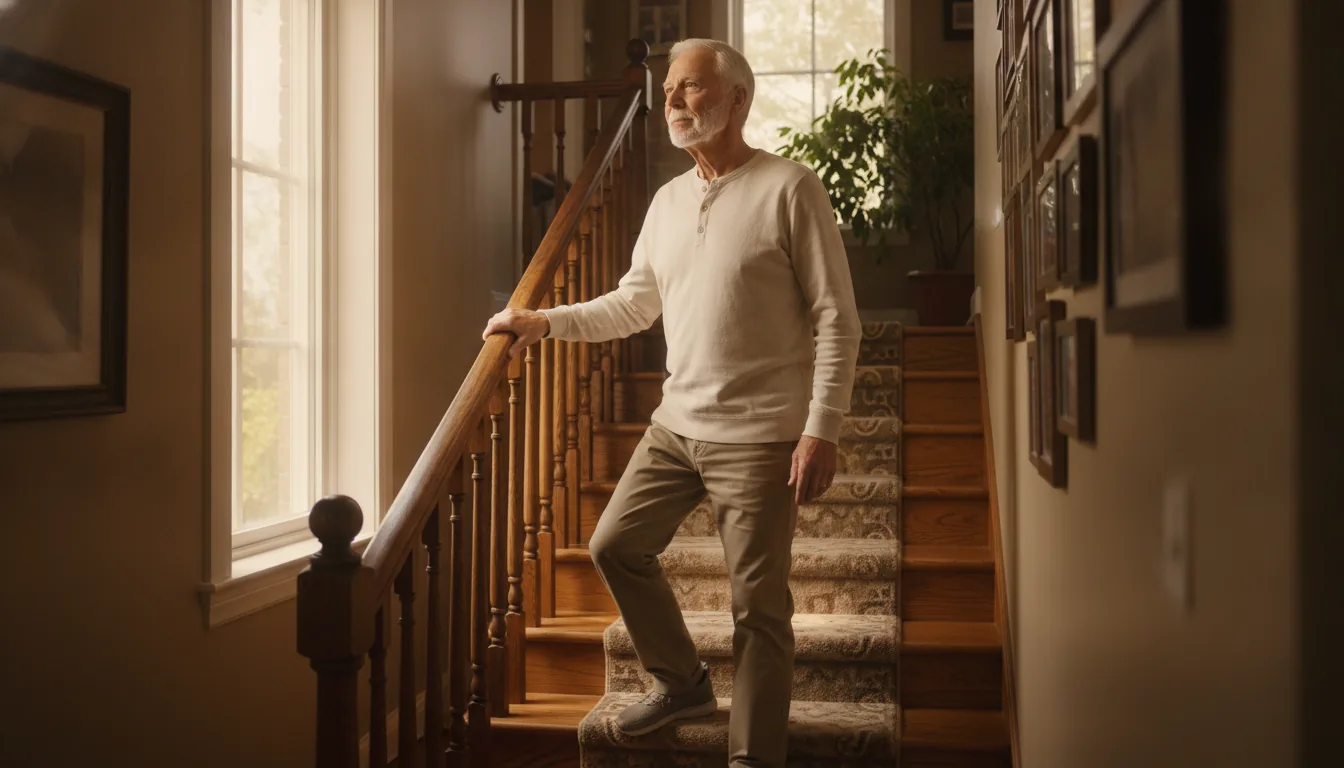 Man over 70 using a handrail on home stairs, illustrating stairs getting harder after 70