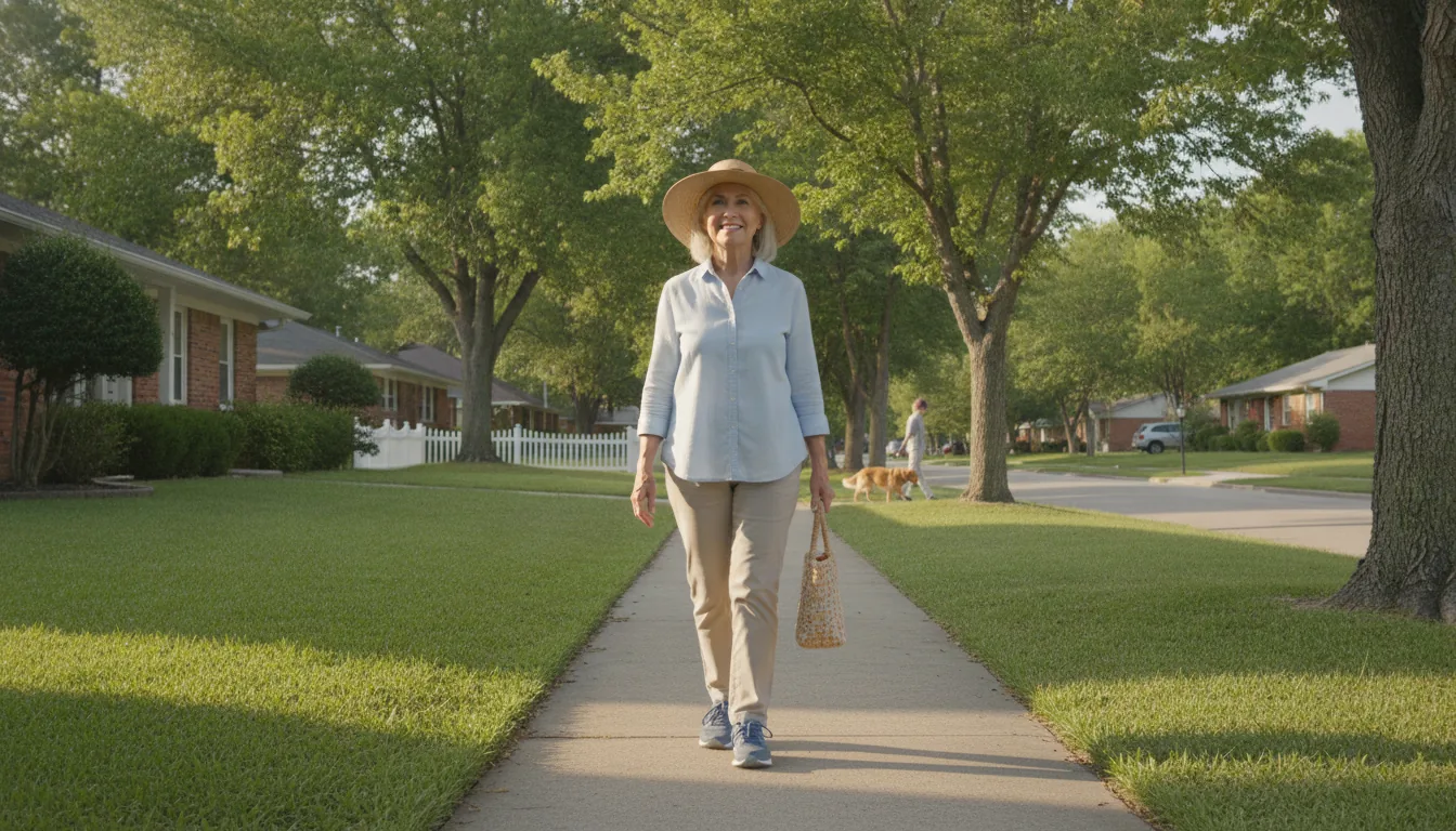 Woman in her 70s walking outdoors on a flat sidewalk to build endurance for stairs