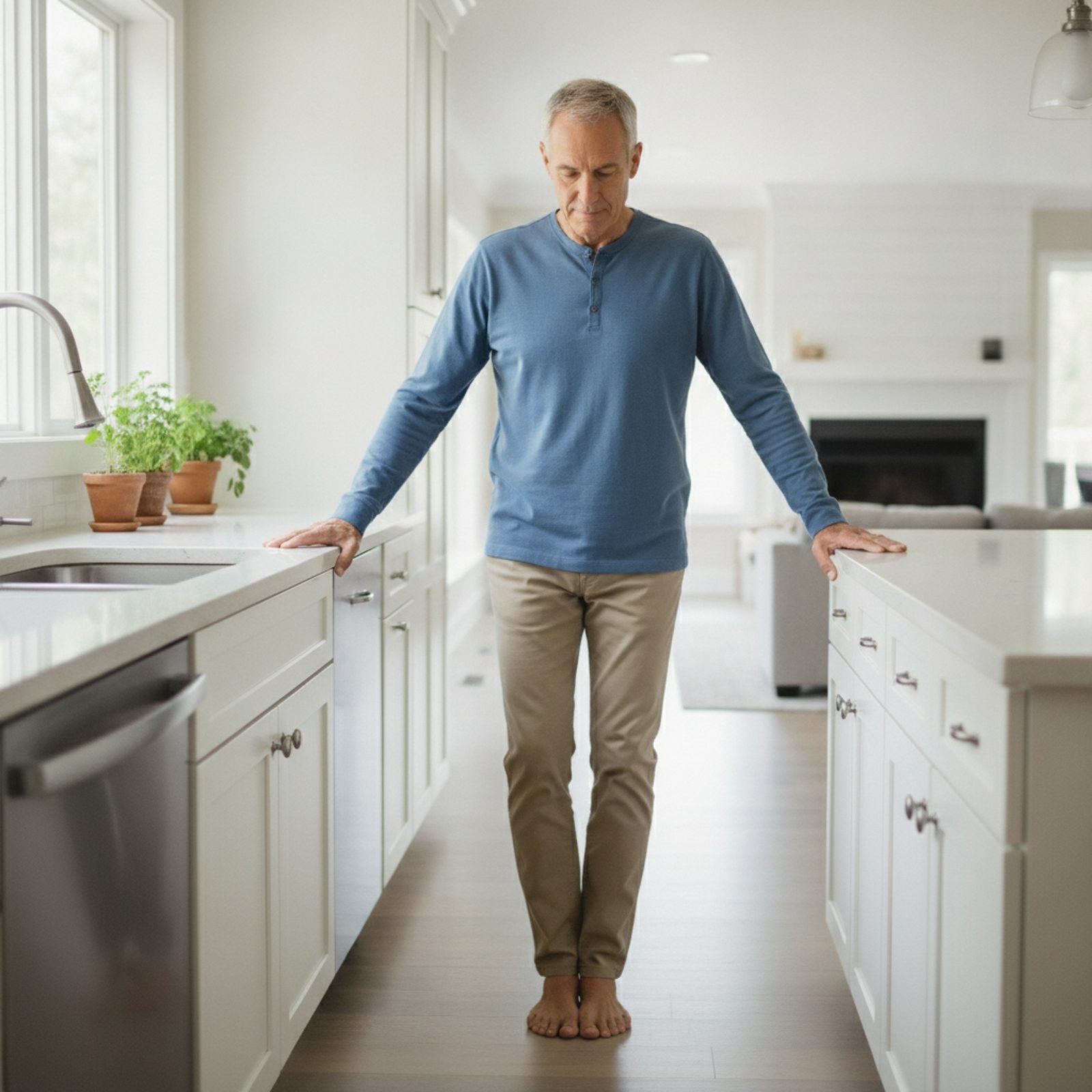 Man in his 60s practicing a heel-to-toe tandem stance beside a kitchen counter