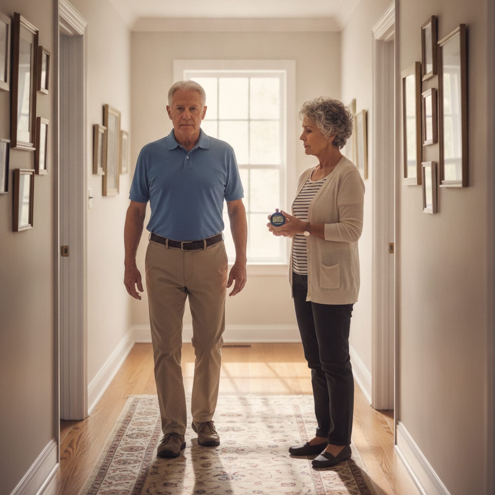 Older man walking down a home hallway while an older woman watches and times him