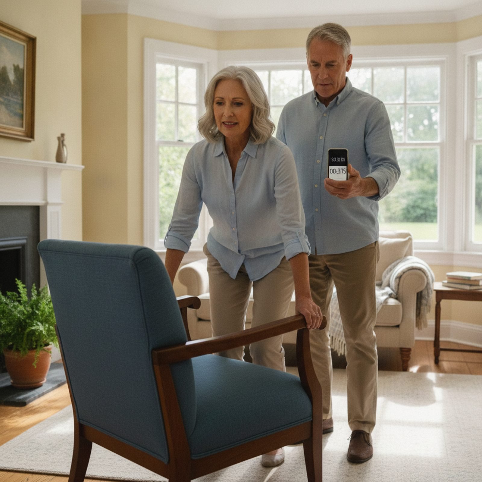 Couple in their 60s doing a home chair stand test while one times it on a phone