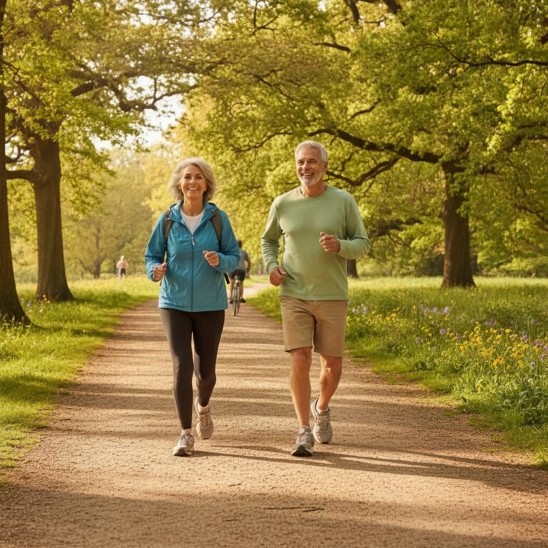Couple in their 60s walking briskly in a park