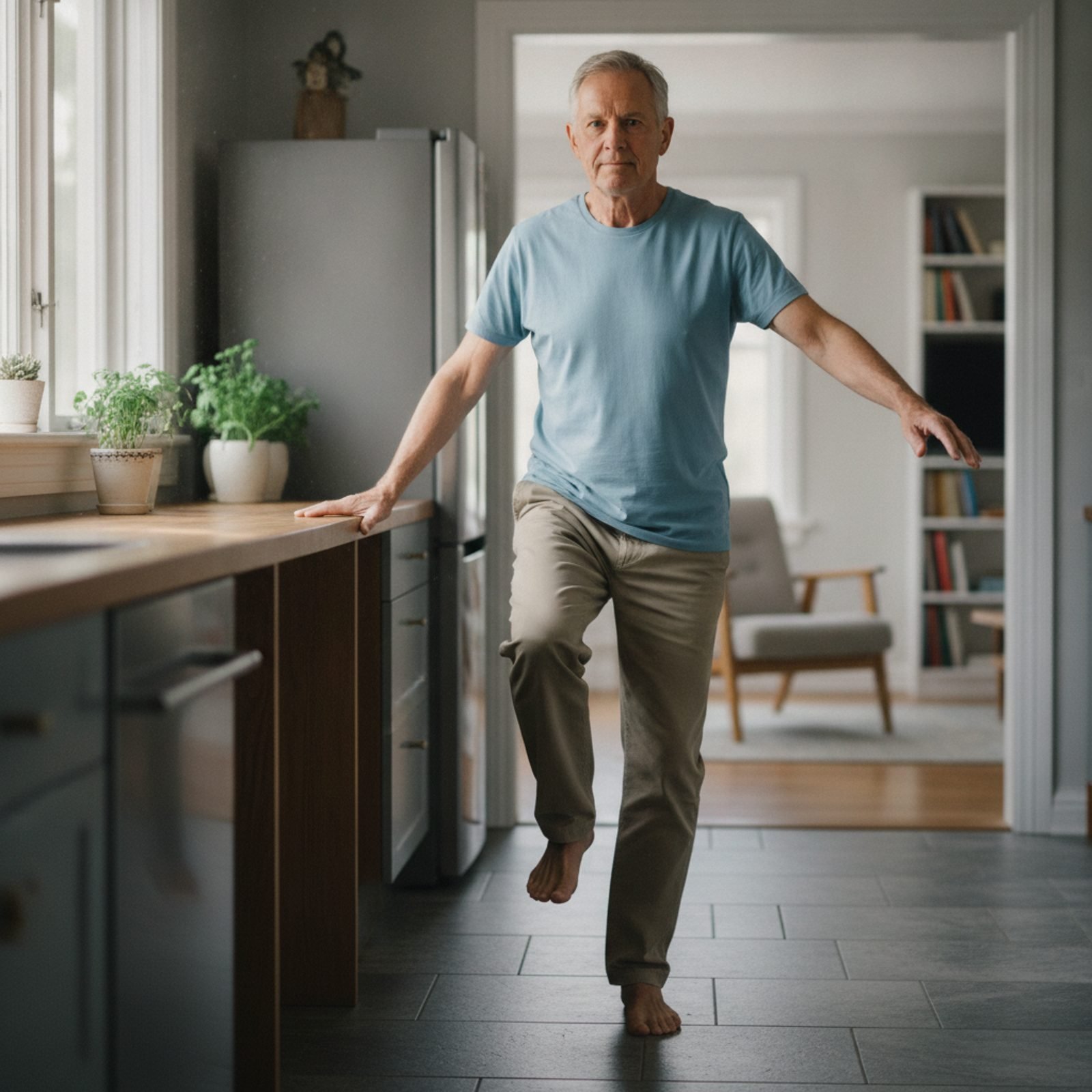 Man in his 60s practicing single-leg balance by a kitchen counter