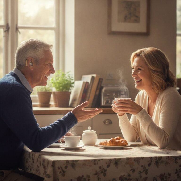Older man with hearing aid talking with his wife over coffee