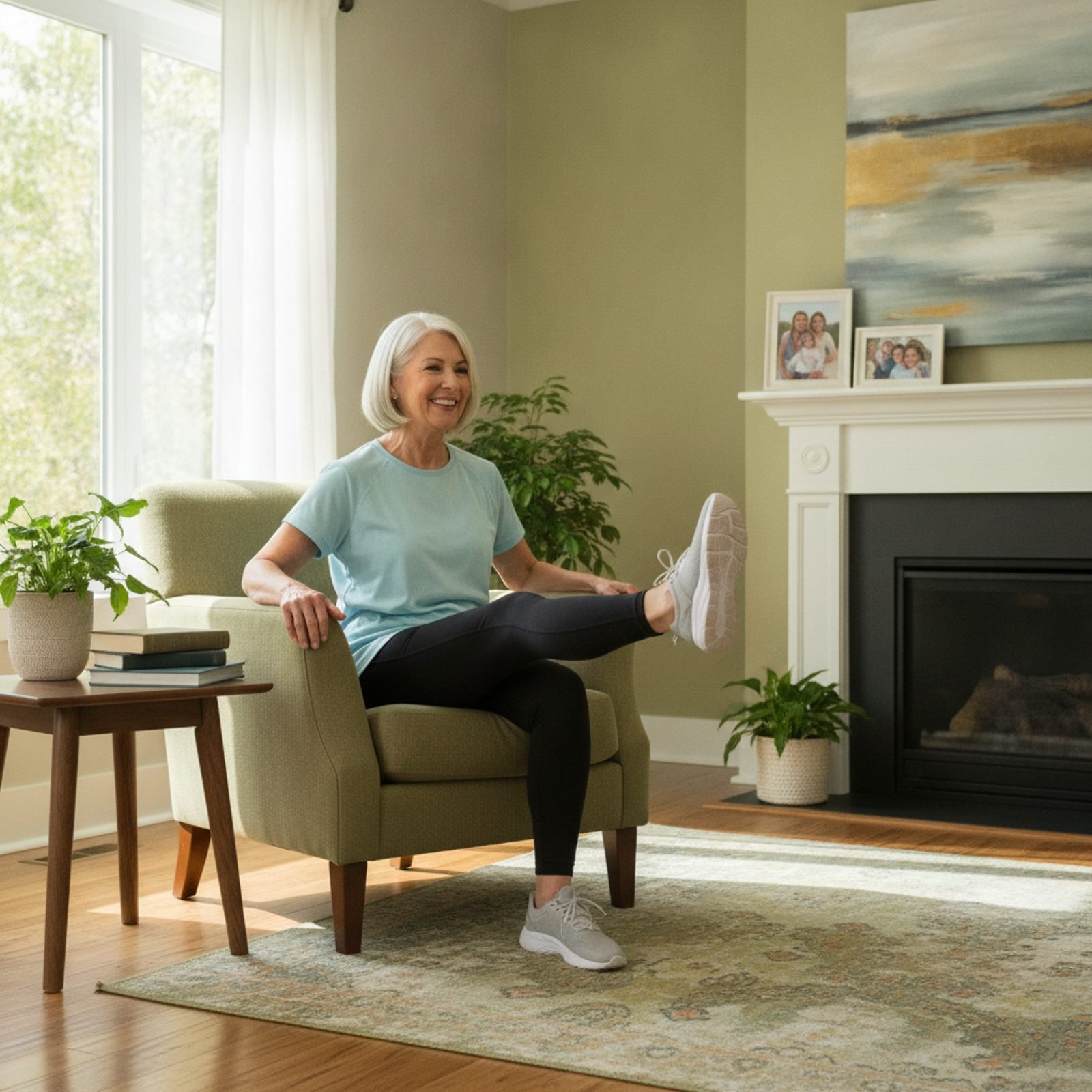 Woman in her 60s doing a seated chair exercise at home