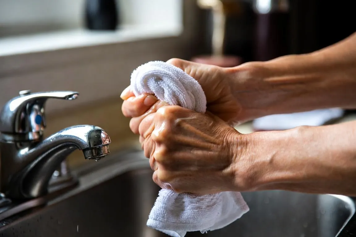Older hands wringing a hand towel over the kitchen sink as a simple grip exercise for seniors
